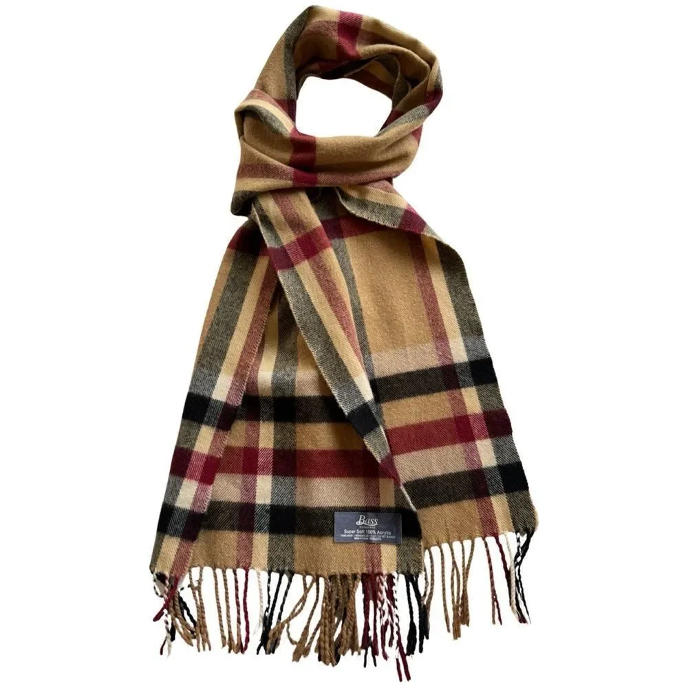 Bass Plaid Cashmere Feel Classic Soft Luxurious Winter Scarf Unisex (Camel)